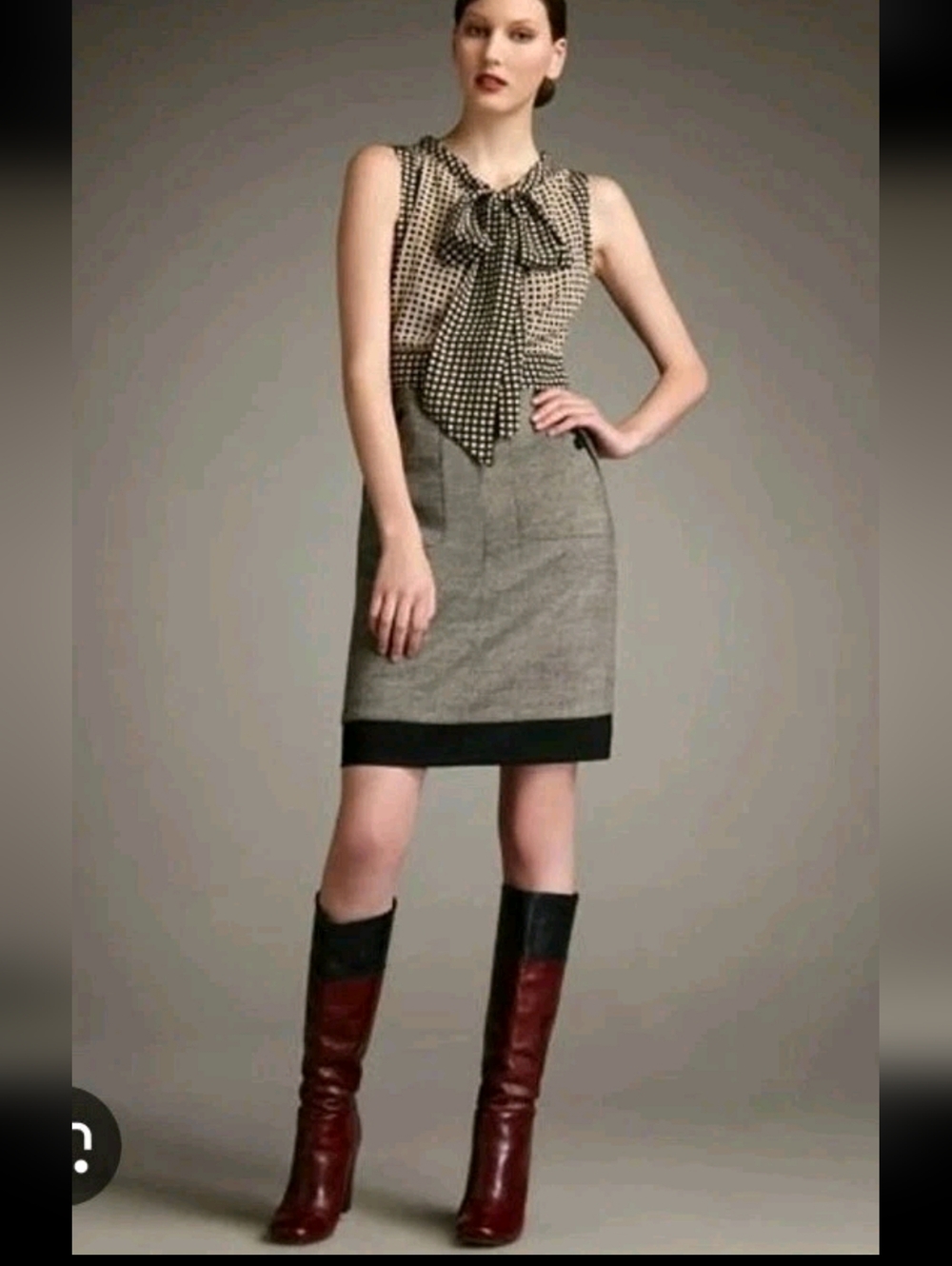 Tory Burch Cream, Gray and Black Bow-Neck Mini Dress